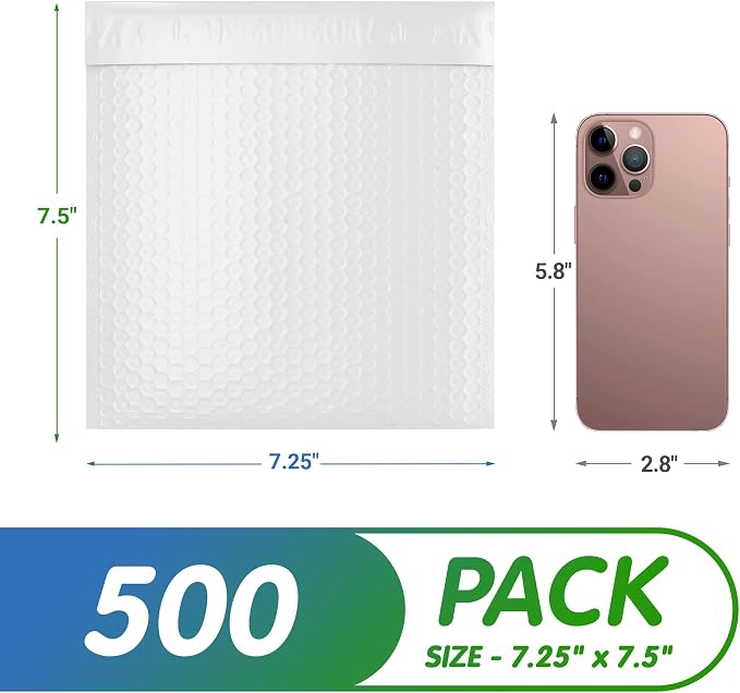 White Poly Bubble Mailers 7.25 x 7.5 Inch. Pack of 500 Padded Envelopes Waterproof. Self Seal Padded Mailers with Durable Seams. Lightweight Padded Shipping Envelopes for Mailing Fragile Things
