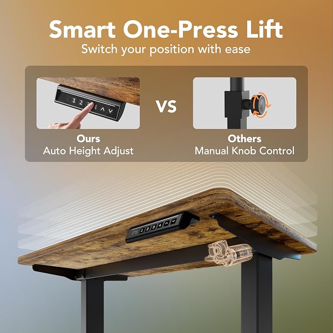 HUANUO 71x30 Inch Electric Standing Desk, Height Adjustable, Rustic Brown | 176 Lbs Capacity, Smooth Home Office Desk, 4 Memory Presets & Headphone Hooks, 28.3–46.5 Inch Height Range, Easy to assemble