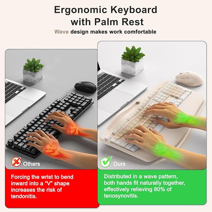 Wireless Keyboard and Mouse Combo, 2.4G Ergonomic Wave Keys(Milk Tea-A) | Full Size Ergonomic Keyboard with Wrist Rest, Phone Holder, 3-Level DPI Silent Mouse with 6-Buttons,for Windows/Mac OS/Laptop