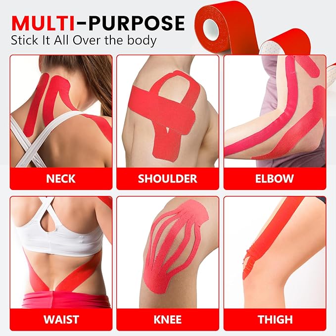 5 Rolls Kinesiology Tape, 2 inch x 16.4 Feet Waterproof Athletic Tape, Uncut Kinetic Tape, Muscle Tape, Sports Tape, Knee Tape for Exercise and Daily Use - Red