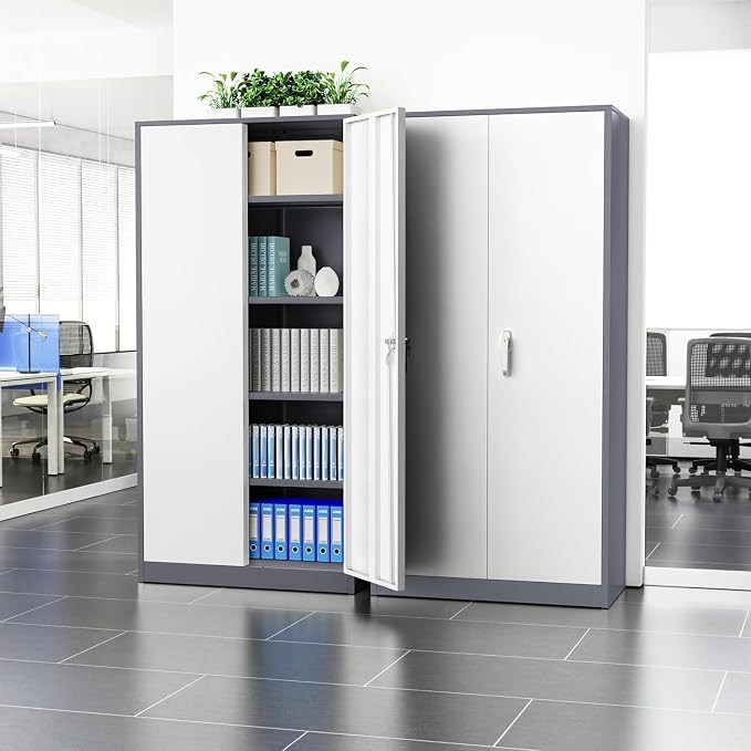 Metal Storage Cabinet Doors, 72" Locking Steel Storage Cabinet with Shelves, Tall Lockable Steel Cabinets for Home Office, Garage(New Grey)