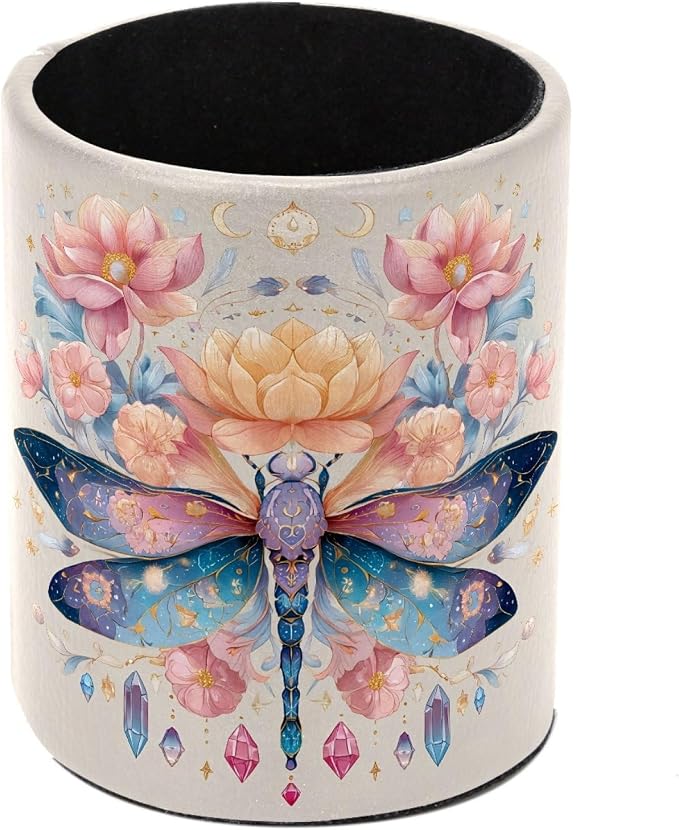 Leather Pen Holder for Desk, Dragonfly Pencil Cup Pen Organizer Makeup Brush Holder for Office Home Kids Countertop Desk Accessory Storage