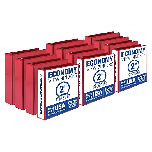 Samsill 2 Inch 3 Ring Binders, Economy Round Ring, Clear View Cover, 425 Sheet Capacity - for School, Home, Office - Red, 12 Pack
