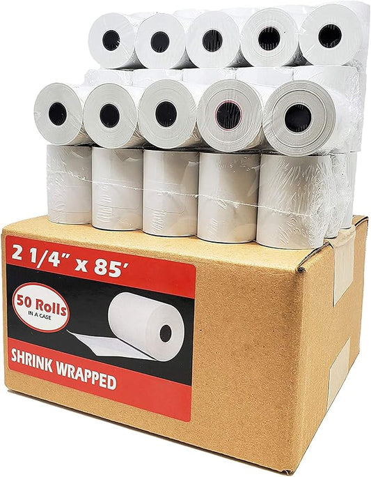 (2500 Rolls) 2 1/4 x 85 Thermal Paper Receipt Rolls 2.25 x 85 ft, 55 GSM Premium Quality German Paper Fits All Credit Card Terminals Verifone VX510 VX570 FD50 BPA Free from BuyRegisterRolls