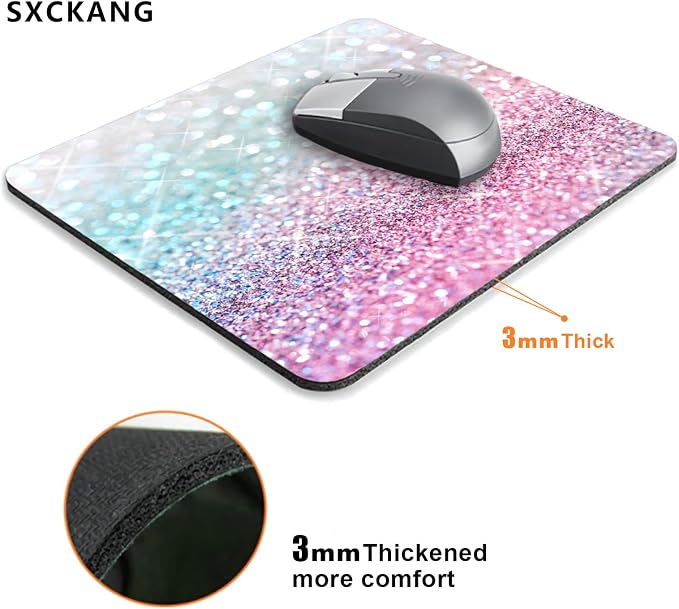 Pink Blue Sparkly Mouse Pad Cute, Rubber Glitter Bling Gradient Mousepad for Kids Girls, Rectangle Non-Slip Small Mouse Pads for Laptop Computer, 9.5 X 7.9 Inch