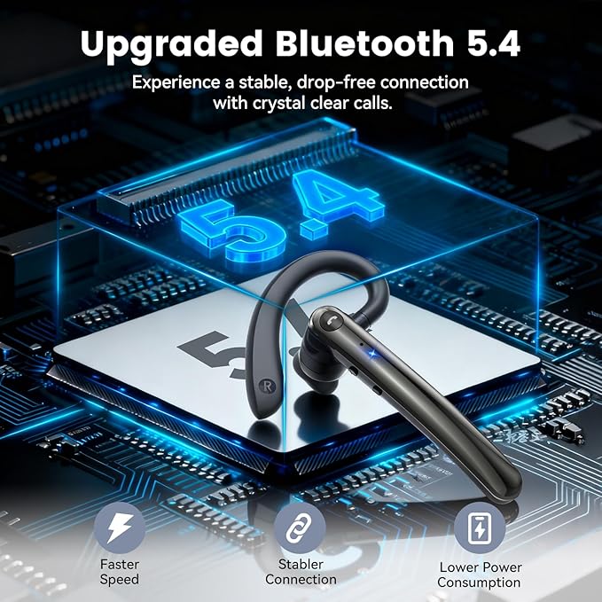 Bluetooth Headset, Wireless Bluetooth 5.4 Earpiece with 10Hrs Hands Free Talk Time, Single-Ear Headset with Noise Canceling Mic, Dual Pairing Headphones for Business/Office/Driving/Trucker/Android/iOS
