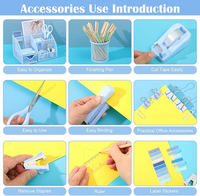 11 In 1 Blue Desk Organizer And Accessories, Light Blue Office Supplies Include Stapler, Tape Dispenser, Pen Holder, Staple Remover, Clips, Ruler, Scissors, Tapes, Tabs