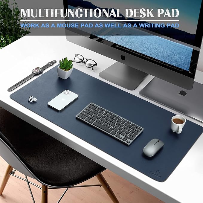 K KNODEL Extra Large Desk Mat, Leather Mouse Pad (35.4"x17", Dark Blue) | Desk Pad, Keyboard Pad, Computer and Laptop Mat, Desktop Protector and Cover, Writing Pad and Blotter for Home Office