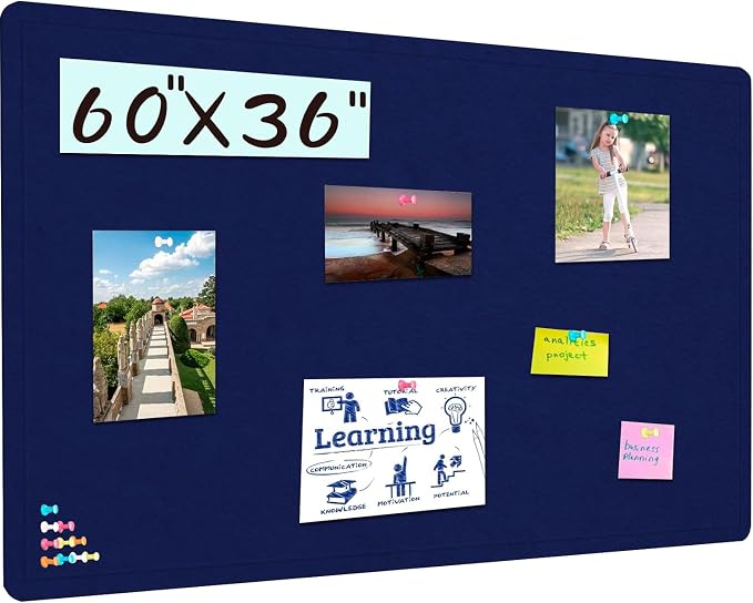 Large Bulletin Board 60" x 36" Felt Cork Board - Decor Pin Board, Dark Blue | Cork Board Alternative for Wall, Foldable Self-Adhesive Vision Board Prayer Board with Pushpins for Home Office Classroom