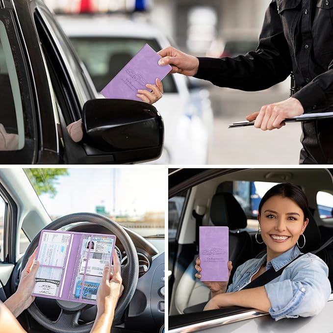 Car Registration and Insurance Card Holder for Women Men, Purple Glove Box Paperwork Organizer with Magnetic Buckle for Easy Access and Protect Documents and Various Cards in Vehicle