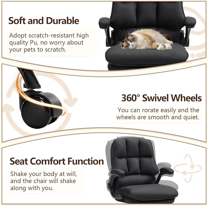 Comfy Office Chair Soft and Double Cushioned Ergonomic Computer Desk Chair | Suitable for Long Hours Executive Office Chair with Flip-up Armrests and Height Adjustment for Home Office Black