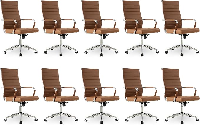 Okeysen Office Desk Chair, Ergonomic Leather Modern Conference Room Chairs, Executive Ribbed Height Adjustable Swivel Rolling Chair for Home Office Set of 10. (Brown)