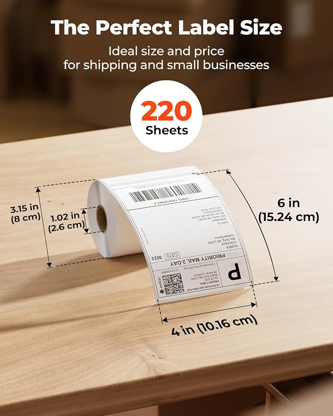 MUNBYN 130B Bluetooth Thermal Label Printer+4"x6" Direct Thermal Shipping Label 220 Labels/Roll