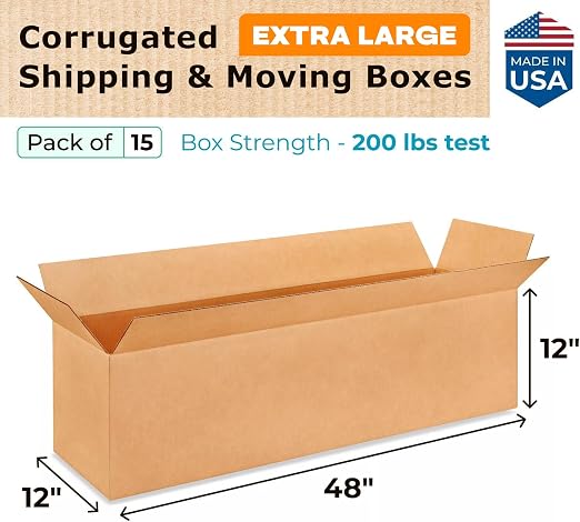 Extra Large Shipping & Moving Boxes 48"L x 12"W x 12"H (15-Pack) - Extra Strength 200 lb vs Regular - Corrugated Cardboard Boxes for UPS Shipping - Strong Shipping Box by IDL Packaging | Extra Strength 200 lb vs Regular - Corrugated Cardboard Boxes for...