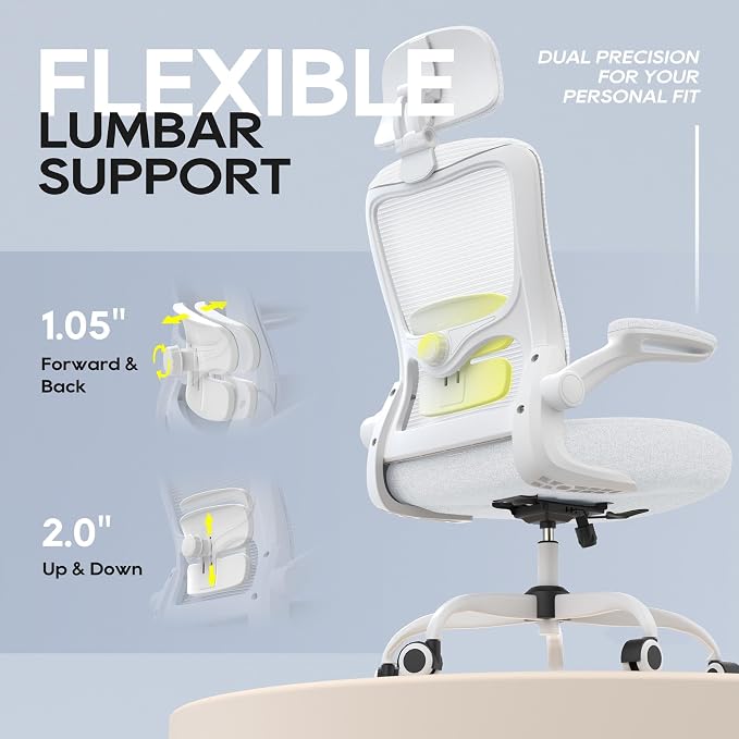 Ergonomic Office Chair for Long Hours, Adjustable Padded Lumbar Support for Lower Back Relief, 330 lb Capacity, Comfortable Computer Desk Chair for Home Office, Work & Study