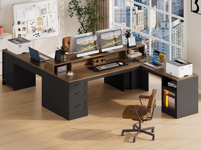 2 Pk 63" L Shaped Desk with Drawers, Corner Computer Desk | Wooden L Shaped Office Desk with Storage, L Shaped Executive Desk with Power Outlet & Monitor Stand, Black and Walnut