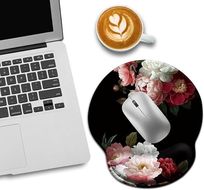 Black Flower Mouse Pad with Wrist Rest, Ergonomic Mouse Pad Wrist Support with Non-Slip Pain Relief PU Base, Funny Laptop Computer Mousepad, Cute Office Home Desk Accessories Decor