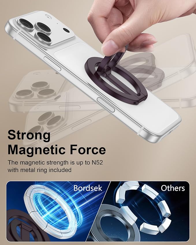 MagSafe Finger Ring Phone Holder with Kickstand Dual-Sided Magnet Gym Grip | for iPhone 17e/17 Pro Max/Air/16e/16 Plus/15/14/13/12 Samsung Galaxy & Pixel, Stick-On for MagSafe Car Mount, Metal Surfaces