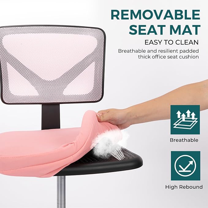 DUMOS Armless Desk Chairs, Small Home Office Mesh Chairs | Ergonomic Adjustable Mid Back, Swivel Rolling Task, Computer Work Vanity Small Spaces, Pink