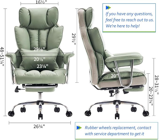 Efomao Big and Tall Office Chair 400lbs - Executive Office Chairs with Footrest, Heavy-Duty PU Leather Computer Chair for Heavy People, Light Green Home Office Desk Chairs | 400lbs support, 135° recline, dual-layer foam cushion, 23.5" seat & footrest. ...