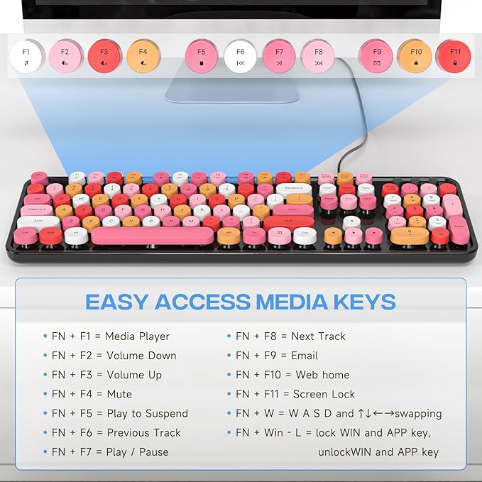 Computer Keyboard Wired, Plug and Play USB Retro Round Typewriter Keyboard, Full Size Wired Keyboard with Foldable Stands for Laptop and Office PC
