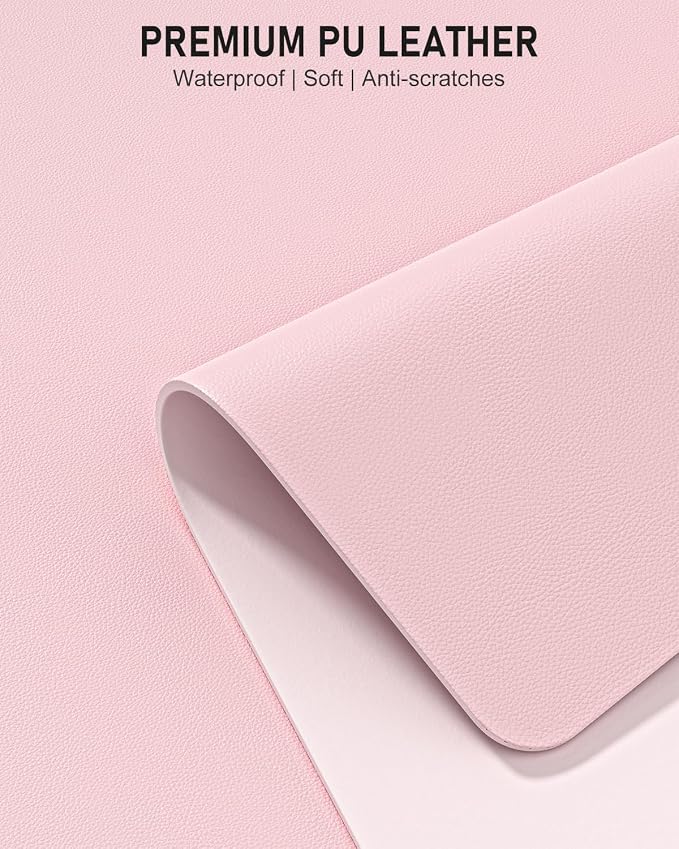 Desk Pad, 48" x 17" PU Leather Non-Slip Desk Mat Large Mouse Pad for Desktop, Waterproof Laptop Computer Writing Mat for Office, Home, Work, Gaming, Light Pink