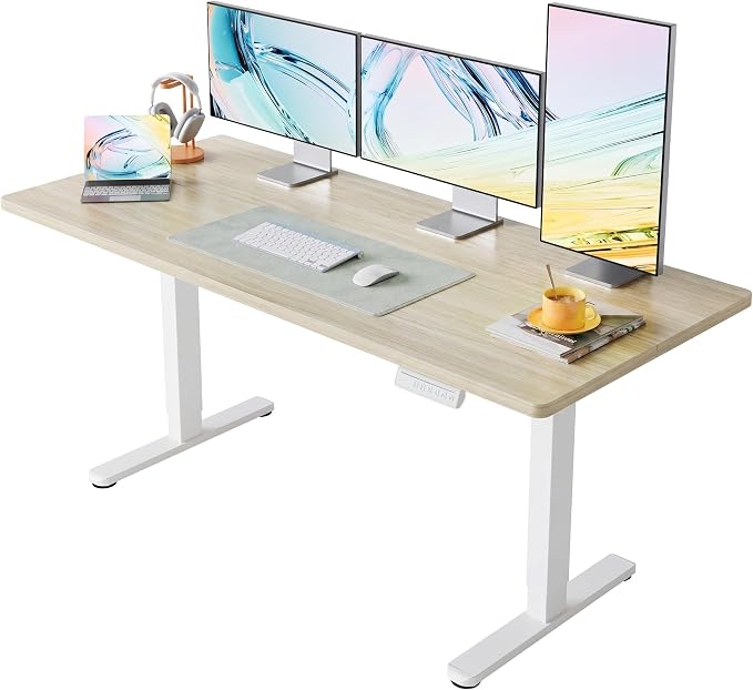 HUANUO 71x30 Inch Electric Standing Desk, Height Adjustable, Light Walnut | 176 Lbs Capacity, Smooth Home Office Desk, 4 Memory Presets & Headphone Hooks, 28.3–46.5 Inch Height Range, Easy to assemble