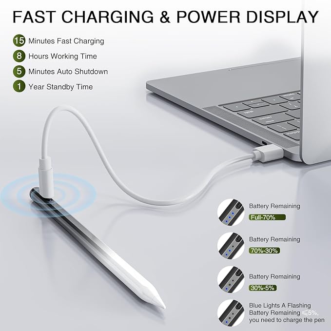 Stylus Pen for iPad 2018-2025, 15 Mins Fast Charging Pencil 1st Gen with Tilt & Palm Rejection Digital Pens Stylus for iPad 6-11, Air 3/4/5/M2/M3, Mini 5/6/7, Pro 11"/12.9"/M4 M5 (Black White)
