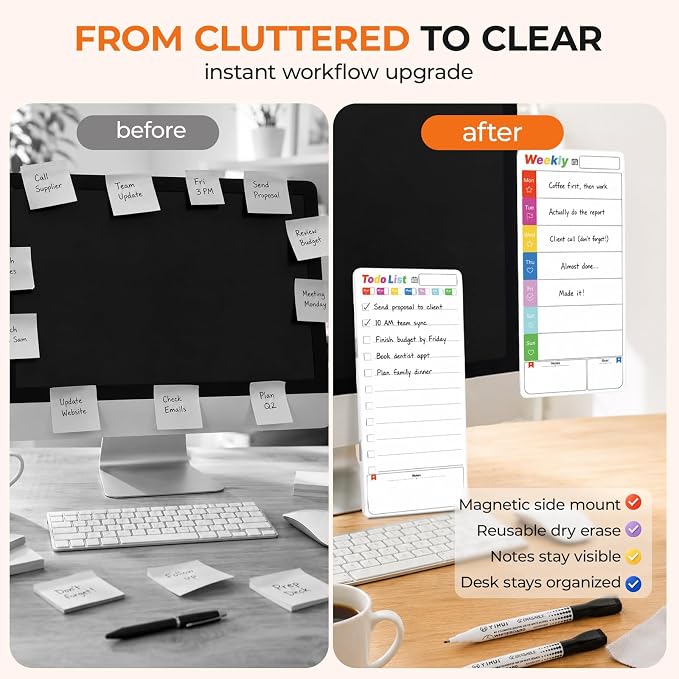 Office Supplies Desk Accessories 2pcs Computer Monitor Magnetic Memo Board | 2pcs To Do List Dry Erase Magnetic Memo Board Planer, Sticky Note Holder with 2 Markers