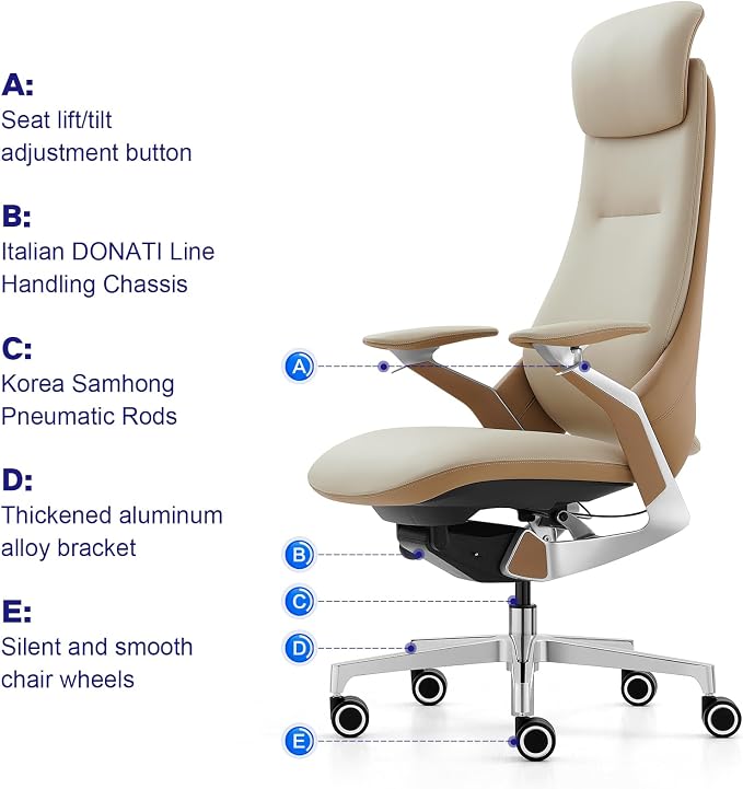 Genuine Leather Executive Office Chair，Top-Grain Cowhide, Ergonomic Design | Adjustable seat and headrest heights, 3-position recline (lockable)—suitable for home offices and high-end office settings.