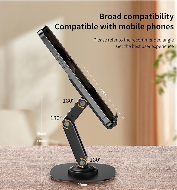 360° Rotating Cell Phone Stand for Desk (Black, K69) | Adjustable & Foldable Phone Holder, Aluminum Desktop Phone Stand with Anti-Slip Base, Phone Holder for Desk