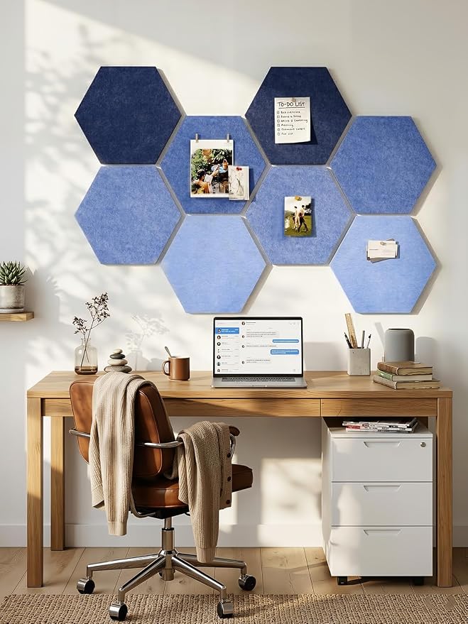8-Pack Hexagon Felt Bulletin Board Tiles, Cork Board Alternative | For students and teachers creating vision boards in homes, offices, dorms or classrooms; includes 30 push pins.