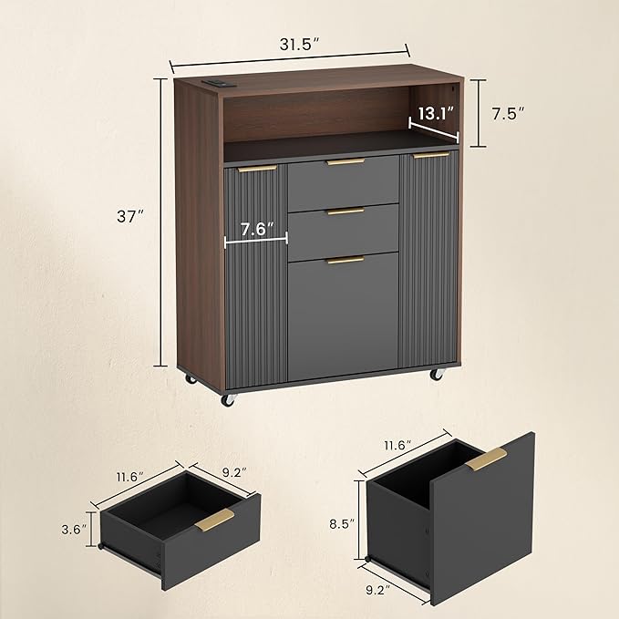 Fluted Mobile File Cabinet with Charging Station | 37" Rolling Storage Cabinet with 3 Drawers, Printer Stand with Wheels for Home Office, Black Walnut