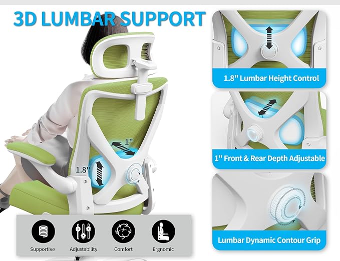 Ergonomic Office Chair: Mesh Desk Chair Comfy with Headrest& Lumbar Support | Ergalithic Big and Tall Office Chairs with Wheels & Flip-Up Arms-Computer Gaming Chairs for Adults Home Office Chairs(Green)