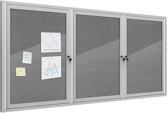 Mifuro 70"x34" Enclosed Bulletin Board, Outdoor Lockable Weather-Resistant Aluminum Cork Noticeboard for School & Office, Silver Frame w/Grey Flet