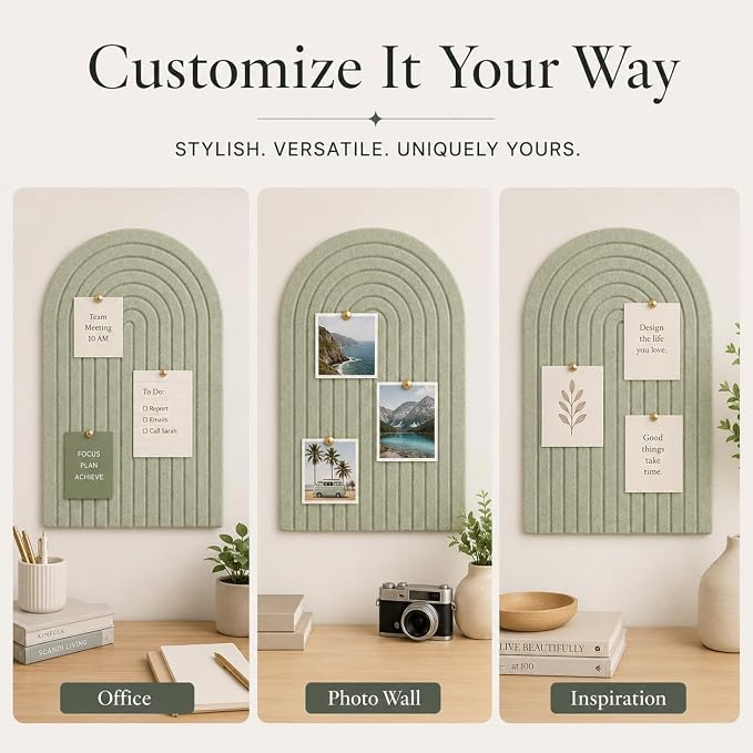 Large Arched Felt Bulletin Board, Sized 36" x 24" for Office & Wall Decor – 6 Customizable Adhesive Tiles with Pins are Perfect to Display Your Photos (Sage Green-A)