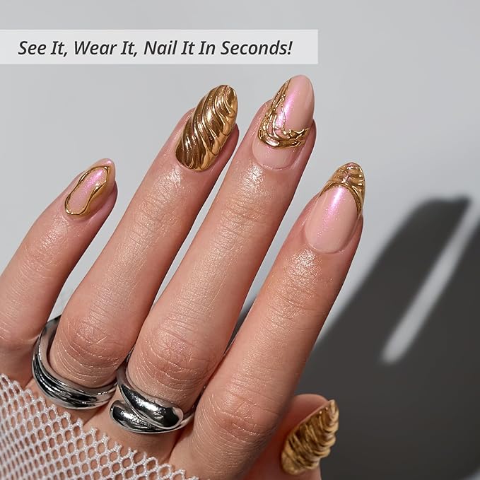 BTArtbox Press On Nails Short - 3D Gold Sculpting Almond Press On Nails with Glue for Women, Opaque Soft Gel Glue On Nails in 16 Sizes - 32 Stick On Nails Kit, Metalhead
