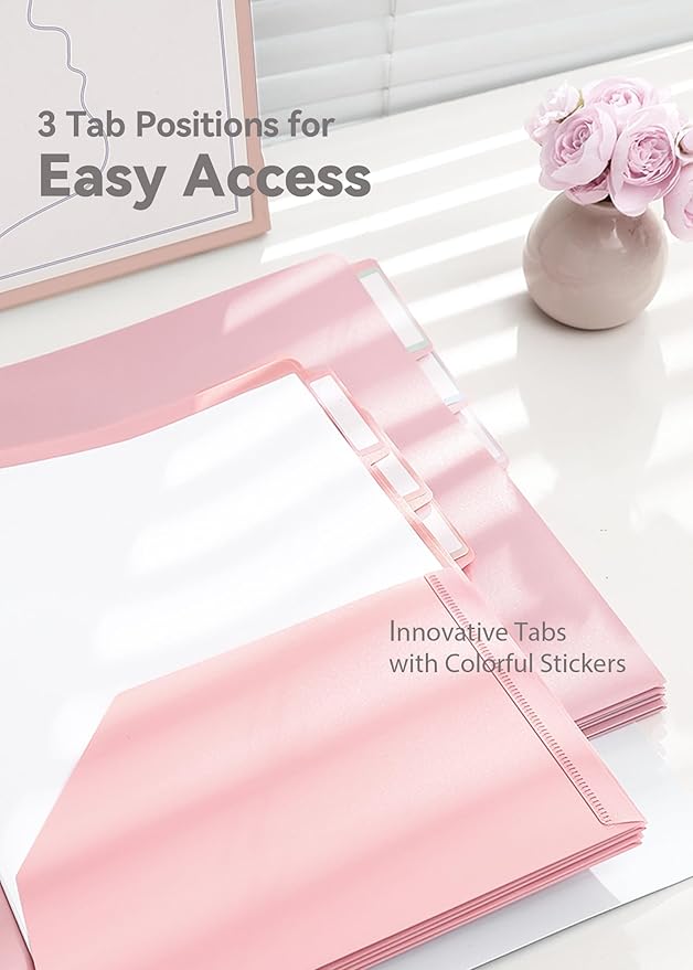 Plastic Folders with Pockets 3 Hole Punched, 6 Pack Pink Pocket Folders for 3 Ring Binder, Unique 1/3 Cut Tabs with Colorful Labels, School Folders, Letter Size
