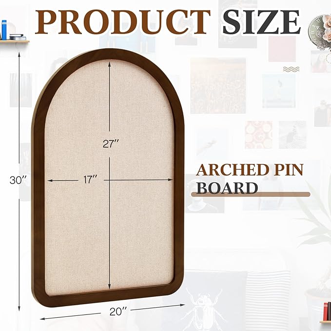 Vintage Framed Pin Board Linen Display Bulletin Board Large Ornate Fabric Picture Photo Pinboard Memo Decorative Prayer Pinboard Ornate for Wall Gift(Arch,20'' X 30'',Farmhouse Brow)