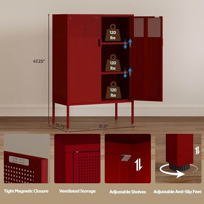 3-Tier Metal Storage Cabinet with 2 Adjustable Shelves & Mesh Doors | 2 Metal Locker Accent Cabinet with Legs, Red Storage Cabinets, Metal TV Stand Cabinet for Home Office, Entryway & Hallway