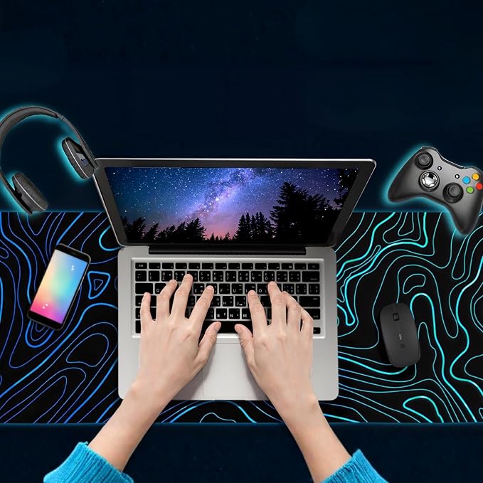 Topographic XL Mouse Pad (35.4x15.7 Inch), Large Gaming Desk Mat with Stitched Edges, Waterproof Non-Slip XXL Keyboard Pad, Aesthetic Blue Line Art Desk Decor