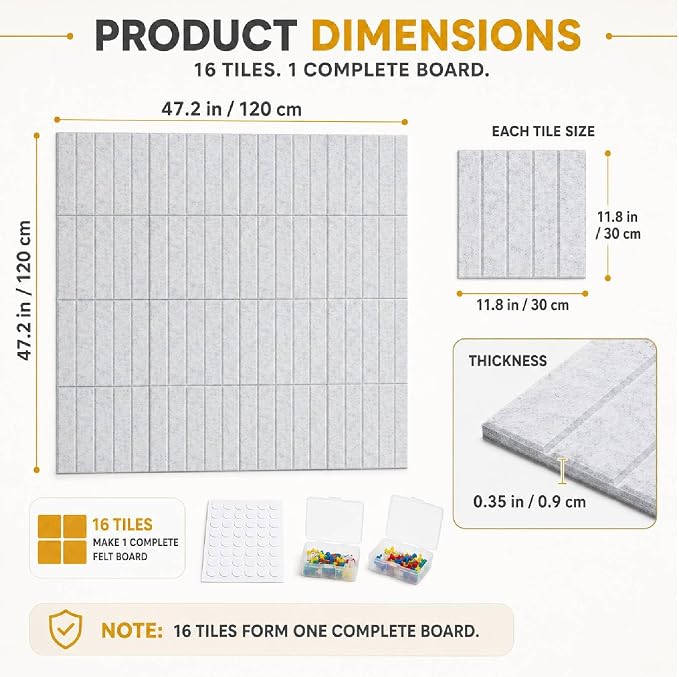 48"x48" Large Felt Bulletin Board Tiles for Wall,16 Pcs, Light Gray | with Pushpins & Adhesive Tabs, No-Drill Installation, for Home or Office Wall Decoration and Protection, Freely DIY Projects