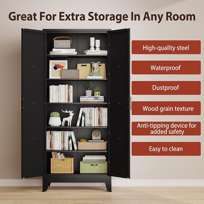 PAOFIN 75" H Tall Kitchen Storage Cabinet with Doors | Freestanding Pantry Cabinet,Farmhouse Food Storage Cabinets,Tall Cabinets for Kitchen, Dining Room, Living Room(Black)
