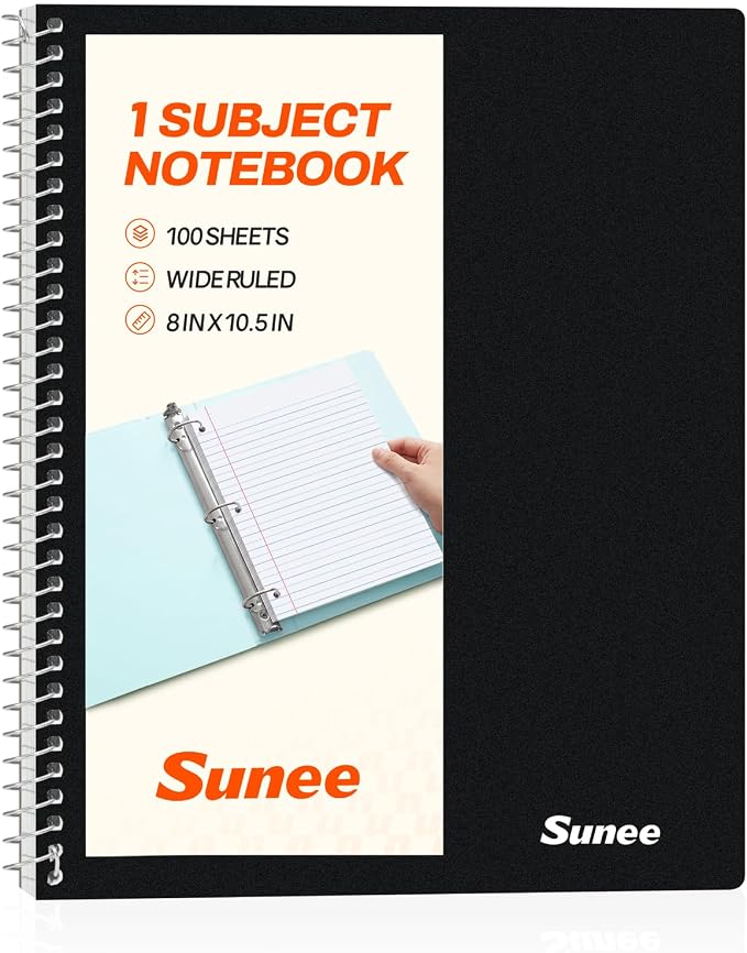 SUNEE Spiral Notebook, 1-Subject, Wide Ruled Paper, 8" x 10-1/2", 100 Sheets per Notebook, 3-Hole Punched Paper, Water Resistant Cover, Double-sided Pockets, Spiral Lined Notebooks for School, Black