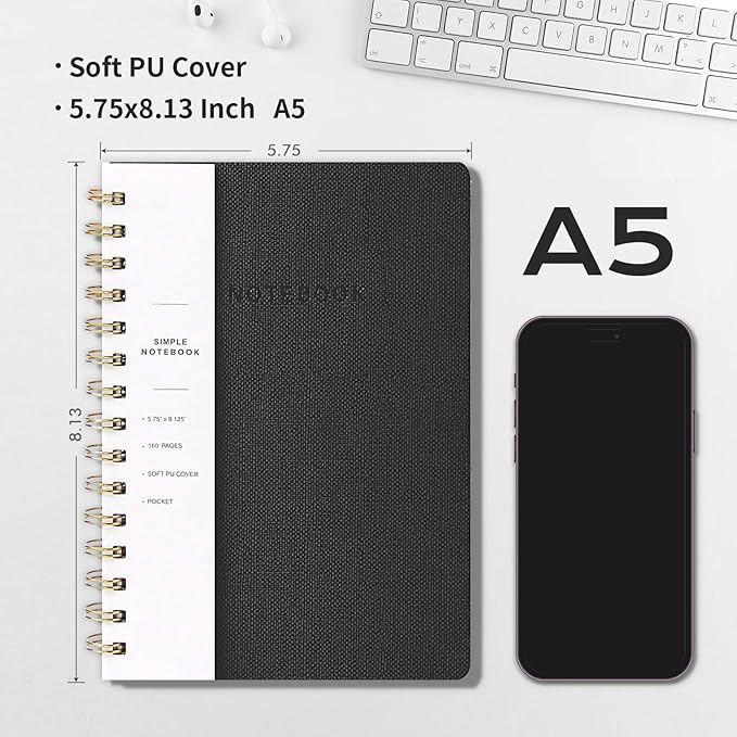 Spiral Notebook-6.10" x 8.19" College Ruled Journal with Inner Pockets and 160 Pages,PU Leather Cover Business Journal, Twin-Wire Binding Notebook Perfect for Office & Home School Supplies