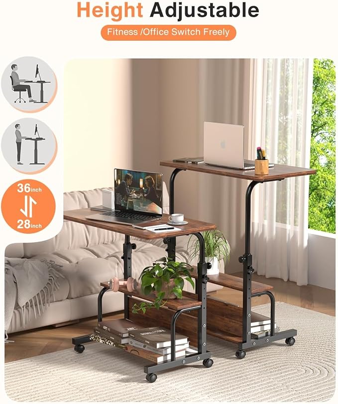 Portable Rolling Desk on Wheels Adjustable Height Desks for Small Spaces, 32" Computer Desk Drafting Tables with Storage Shelves for Home Office Rustic