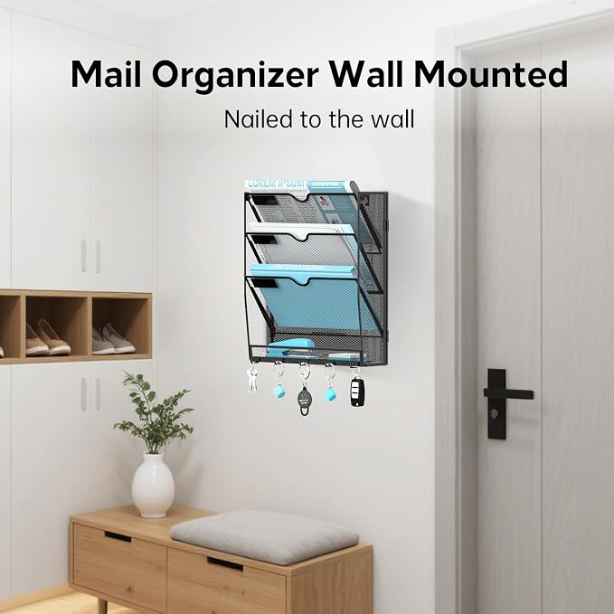 4-Tier Wall File Organizer and Mail Organizer with 5 Hooks, 2 Pack | Label slots, curved openings, 5 key hooks, and a bottom tray support organized mail, file, and everyday item storage.