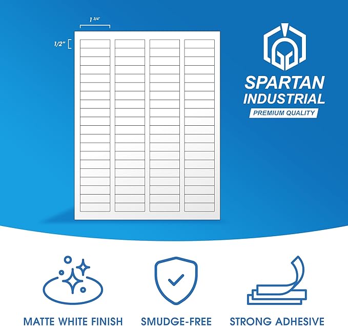 1.75" X 0.5" Matte White Printable Labels for Inkjet and Laser Printers - 250 Sheets, 20000 Custom Stickers for Return Address Labels, Price Tags, File Folders - Spartan Industrial Template R002