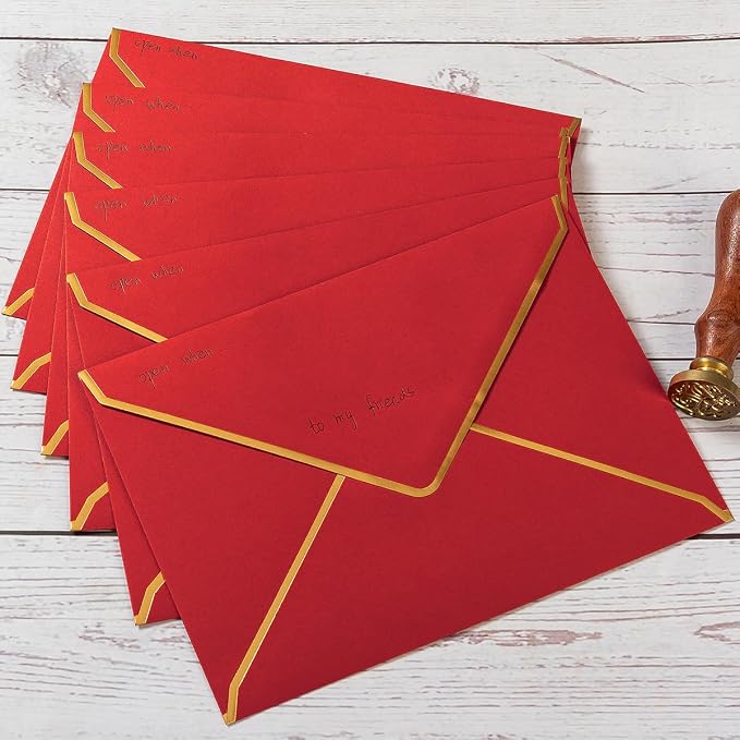 50 Pack A7 Envelopes Red 5 x 7 with Gold Border | Self-Adhesive, V Flap, For Wedding, Graduation, Baby Shower, Parties, Invitations