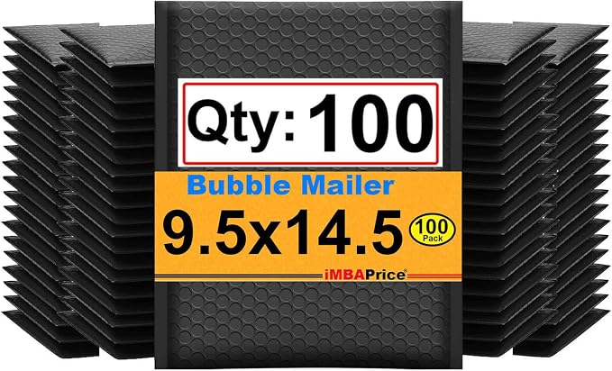 iMBAPrice 9.5x14.5 Inch Black Poly Bubble Mailers, 100-Pack | Medium-Large Padded Shipping Envelopes, Self-Seal Adhesive, Waterproof, For Electronics & Accessories